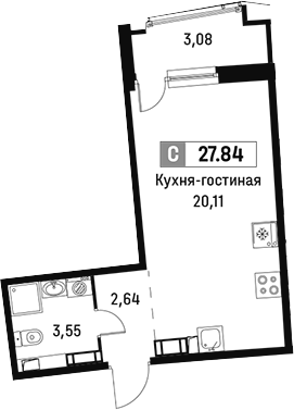 Планировка — Авиатор, Студия, 26 м²