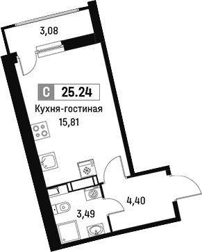 Планировка — Авиатор, Студия, 24 м²