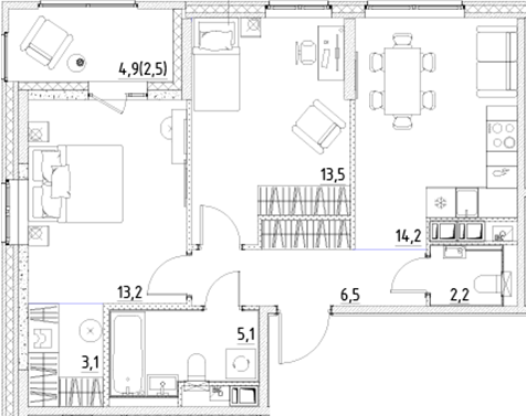 Планировка — Янила Форест, 2-комн., 58 м²