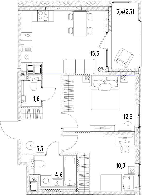 Планировка — Янила Форест, 3-комн., 53 м²