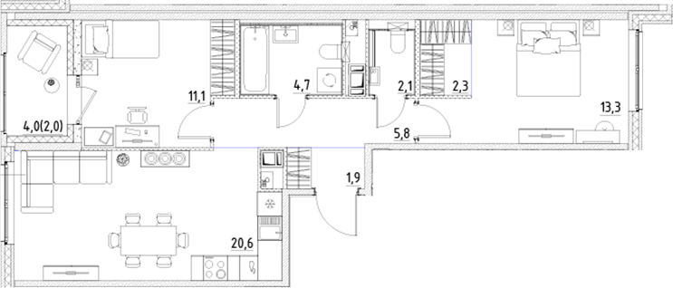 Планировка — Янила Форест, 3-комн., 62 м²