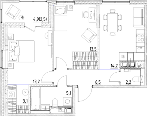Планировка — Янила Форест, 2-комн., 58 м²