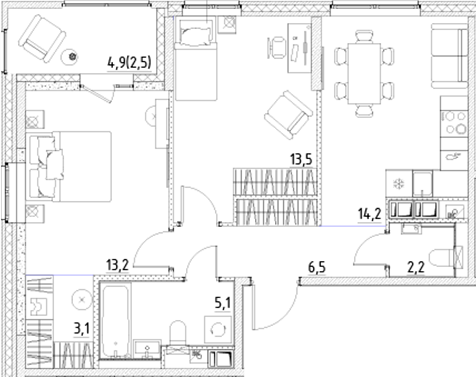 Планировка — Янила Форест, 2-комн., 58 м²