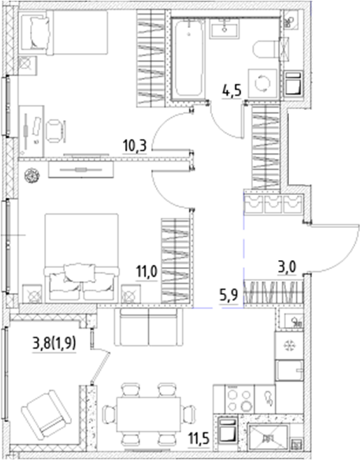 Планировка — Янила Форест, 2-комн., 46 м²