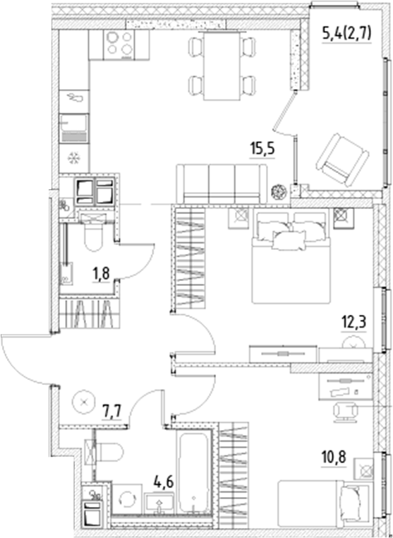 Планировка — Янила Форест, 3-комн., 53 м²
