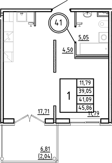 Планировка — Образцовый квартал, 2-комн., 39 м²