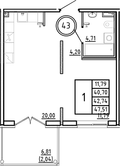 Планировка — Образцовый квартал, 2-комн., 41 м²