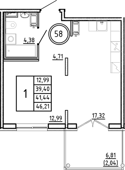 Планировка — Образцовый квартал, 2-комн., 39 м²