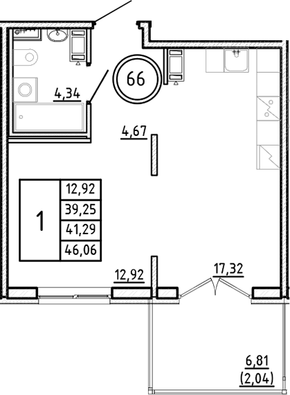 Планировка — Образцовый квартал, 2-комн., 39 м²