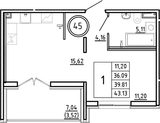 Планировка — Образцовый квартал, 2-комн., 36 м²