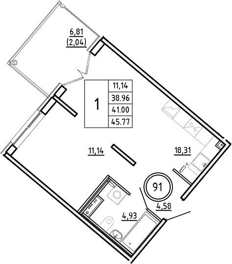 Планировка — Образцовый квартал, 2-комн., 39 м²