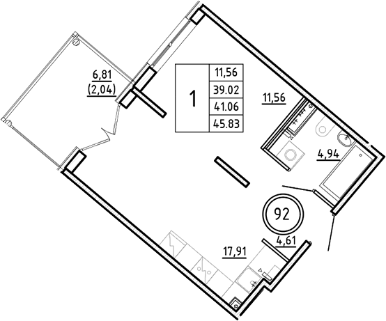 Планировка — Образцовый квартал, 2-комн., 39 м²