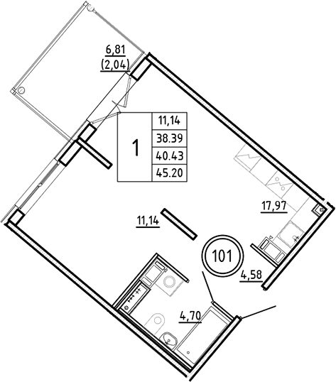 Планировка — Образцовый квартал, 2-комн., 38 м²