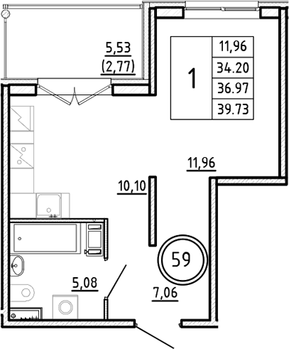 Планировка — Образцовый квартал, 1-комн., 34 м²