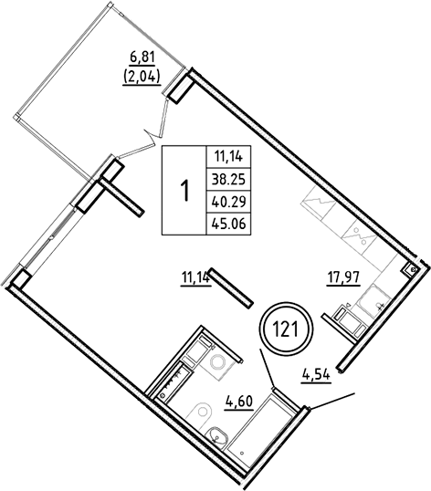Планировка — Образцовый квартал, 2-комн., 38 м²