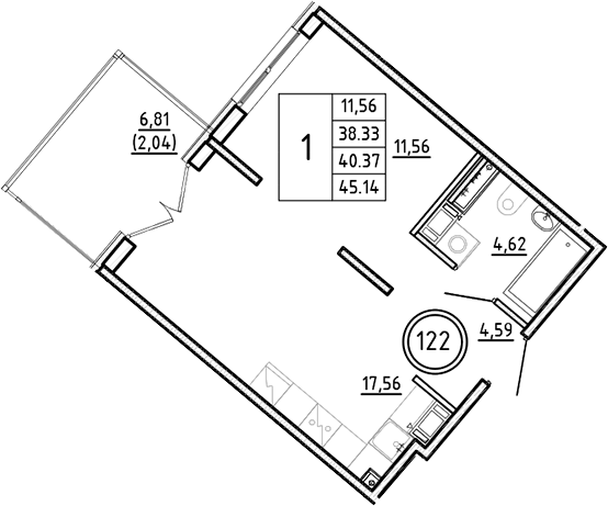 Планировка — Образцовый квартал, 2-комн., 38 м²