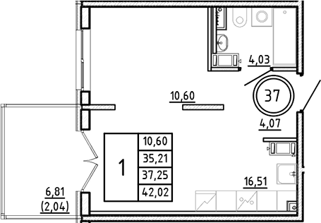 Планировка — Образцовый квартал, 2-комн., 35 м²