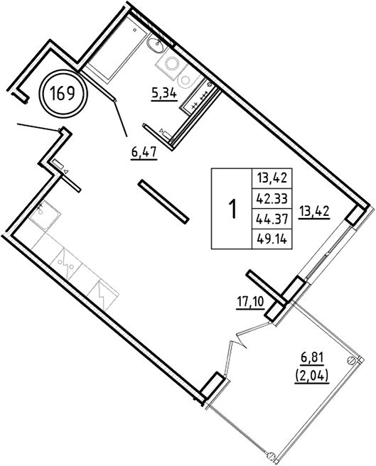 Планировка — Образцовый квартал, 2-комн., 42 м²