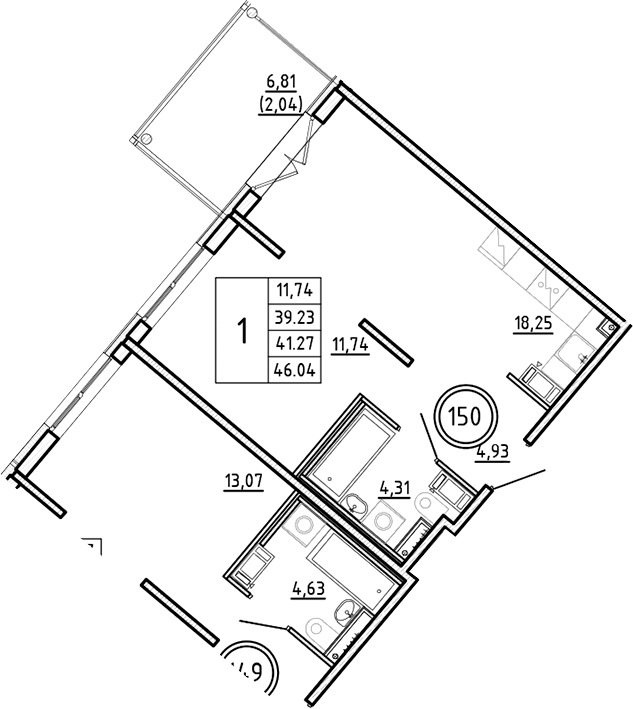 Планировка — Образцовый квартал, 2-комн., 39 м²