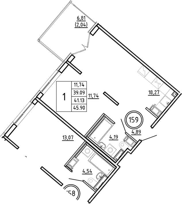 Планировка — Образцовый квартал, 2-комн., 39 м²