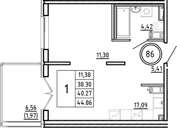 Планировка — Образцовый квартал, 2-комн., 38 м²
