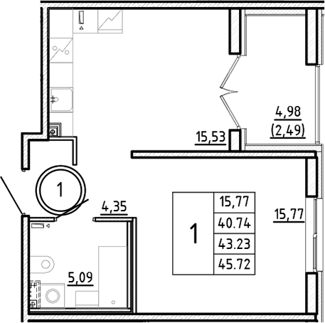 Планировка — Образцовый квартал, 2-комн., 41 м²