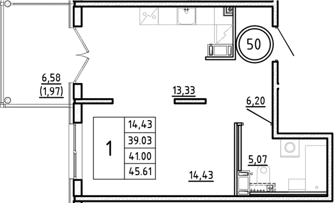 Планировка — Образцовый квартал, 1-комн., 39 м²