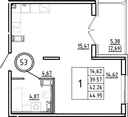 Планировка — Образцовый квартал, 2-комн., 40 м²
