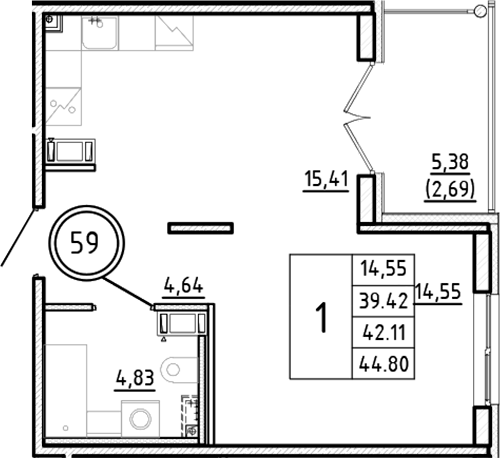 Планировка — Образцовый квартал, 2-комн., 39 м²