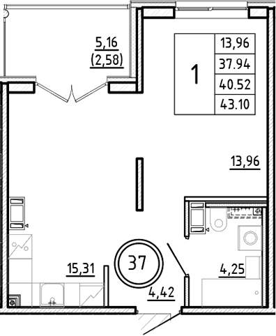 Планировка — Образцовый квартал, 2-комн., 38 м²
