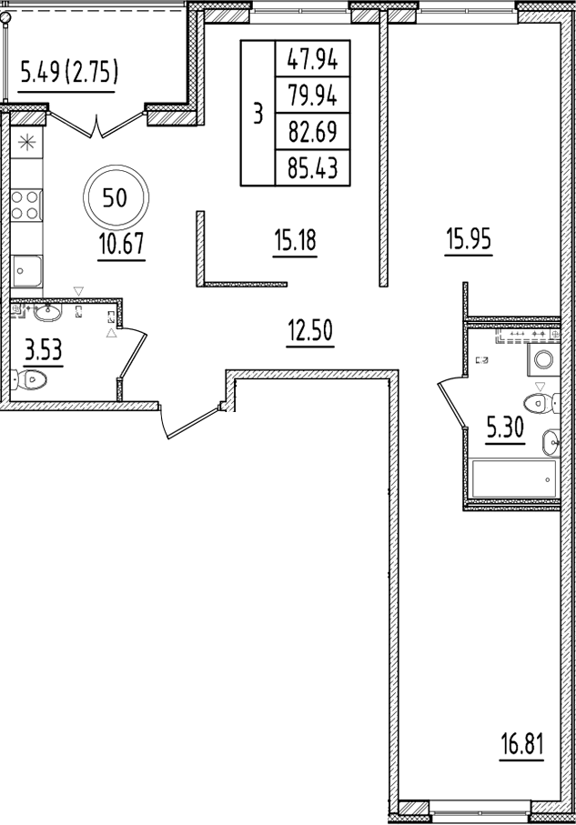 Планировка — Образцовый квартал, 3-комн., 80 м²