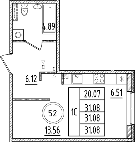 Планировка — Образцовый квартал, Студия, 31 м²