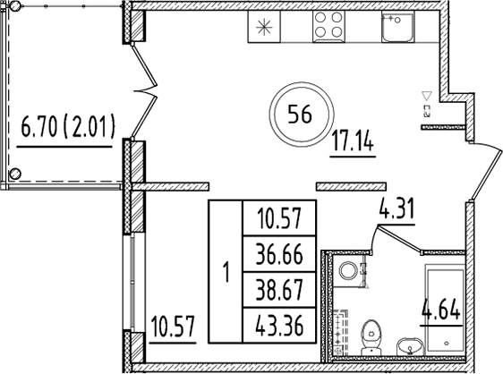 Планировка — Образцовый квартал, 2-комн., 37 м²