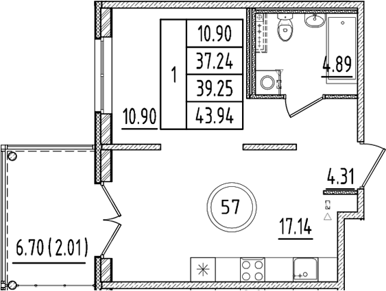 Планировка — Образцовый квартал, 2-комн., 37 м²