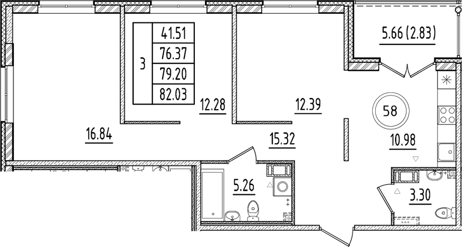 Планировка — Образцовый квартал, 3-комн., 76 м²