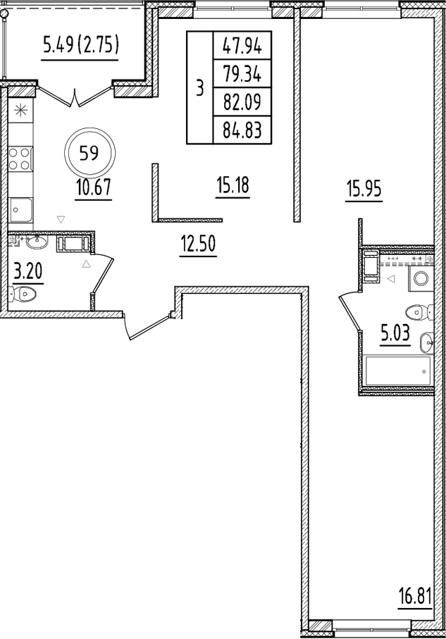 Планировка — Образцовый квартал, 3-комн., 79 м²