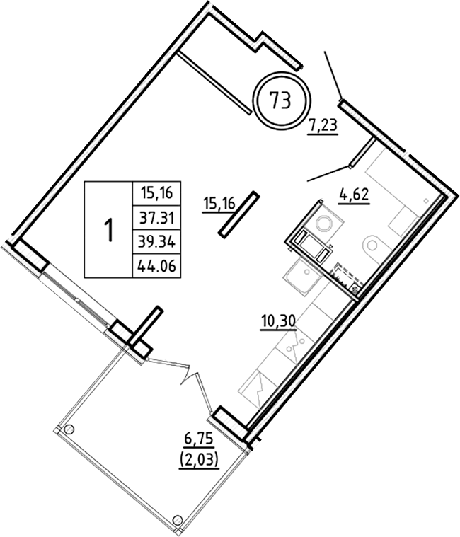 Планировка — Образцовый квартал, 1-комн., 37 м²