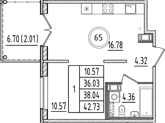 Планировка — Образцовый квартал, 2-комн., 36 м²