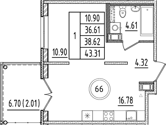 Планировка — Образцовый квартал, 2-комн., 37 м²