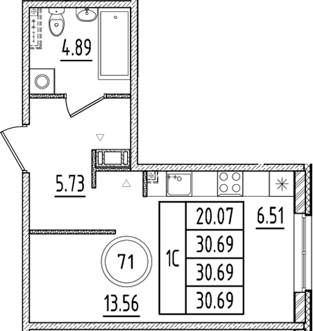 Планировка — Образцовый квартал, Студия, 31 м²
