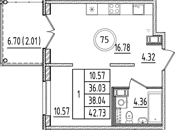Планировка — Образцовый квартал, 2-комн., 36 м²