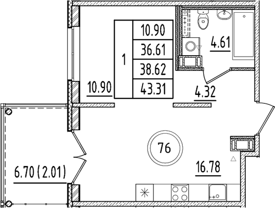 Планировка — Образцовый квартал, 2-комн., 37 м²