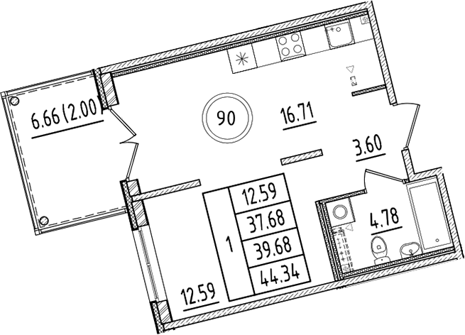 Планировка — Образцовый квартал, 2-комн., 38 м²