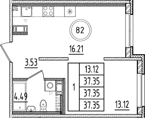 Планировка — Образцовый квартал, 2-комн., 37 м²