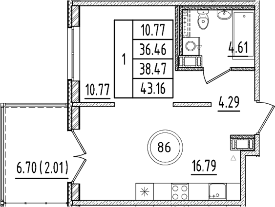 Планировка — Образцовый квартал, 2-комн., 36 м²