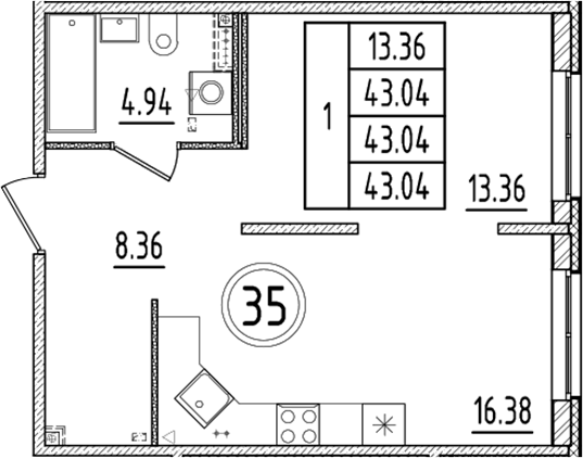 Планировка — Образцовый квартал, 2-комн., 43 м²
