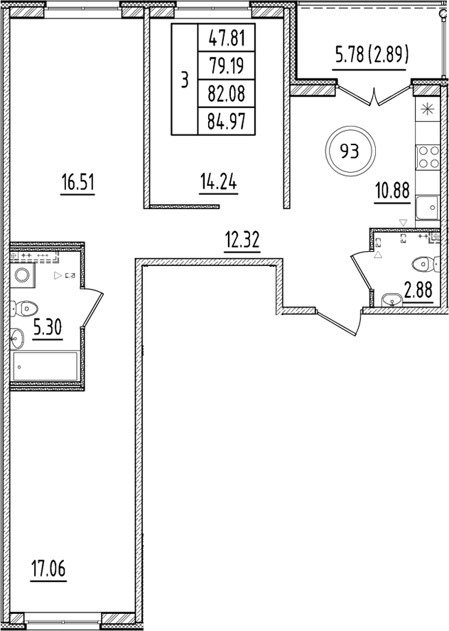Планировка — Образцовый квартал, 3-комн., 79 м²