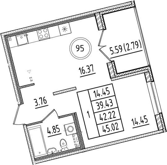 Планировка — Образцовый квартал, 2-комн., 39 м²