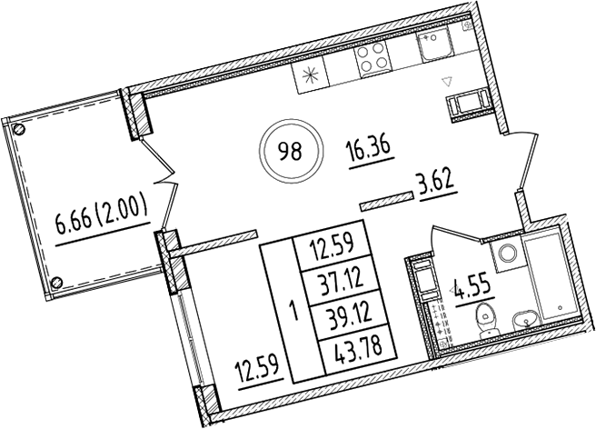 Планировка — Образцовый квартал, 2-комн., 37 м²