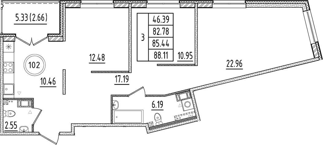 Планировка — Образцовый квартал, 3-комн., 83 м²